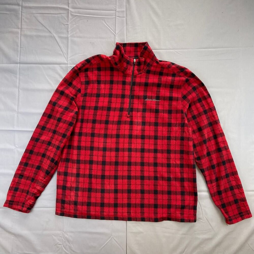 Eddie Bauer Men's L Red Black Plaid Fleece Quarter Zip Pullover 100 Polyester